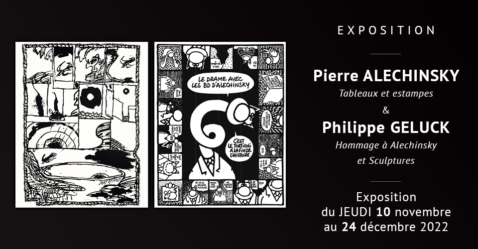 Affiche. Galerie Liehrmann. Pierre Alechinsky - Tableaux et estampes. Philippe Geluck - Hommage à Alechinsky et sculptures. 2022-11-10